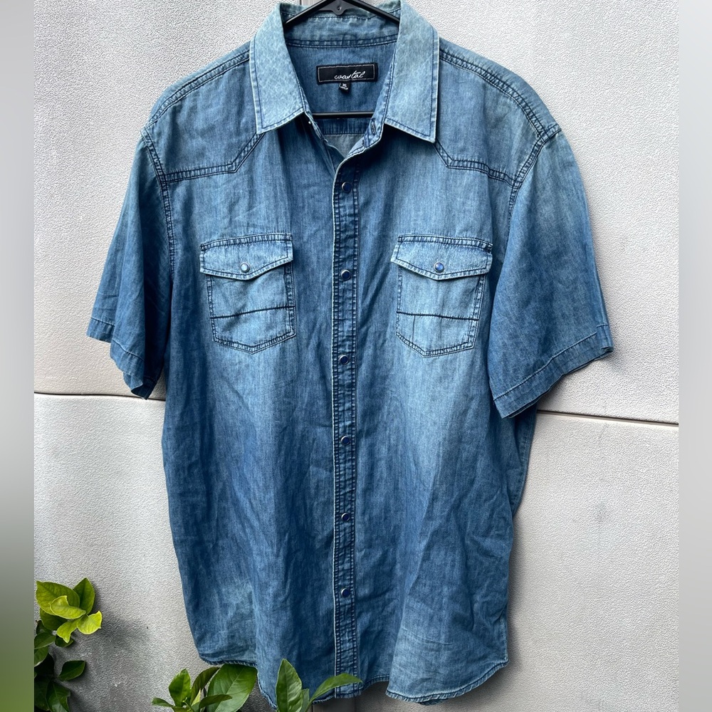 Coastal Blue Denim Men’s Western Pearl Snap Short Sleeve Shirt XL